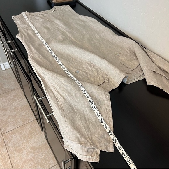 Boutique Linen tunic top Lagenlook asymmetric , pockets, sleeveless, tan, sz M - Picture 7 of 8